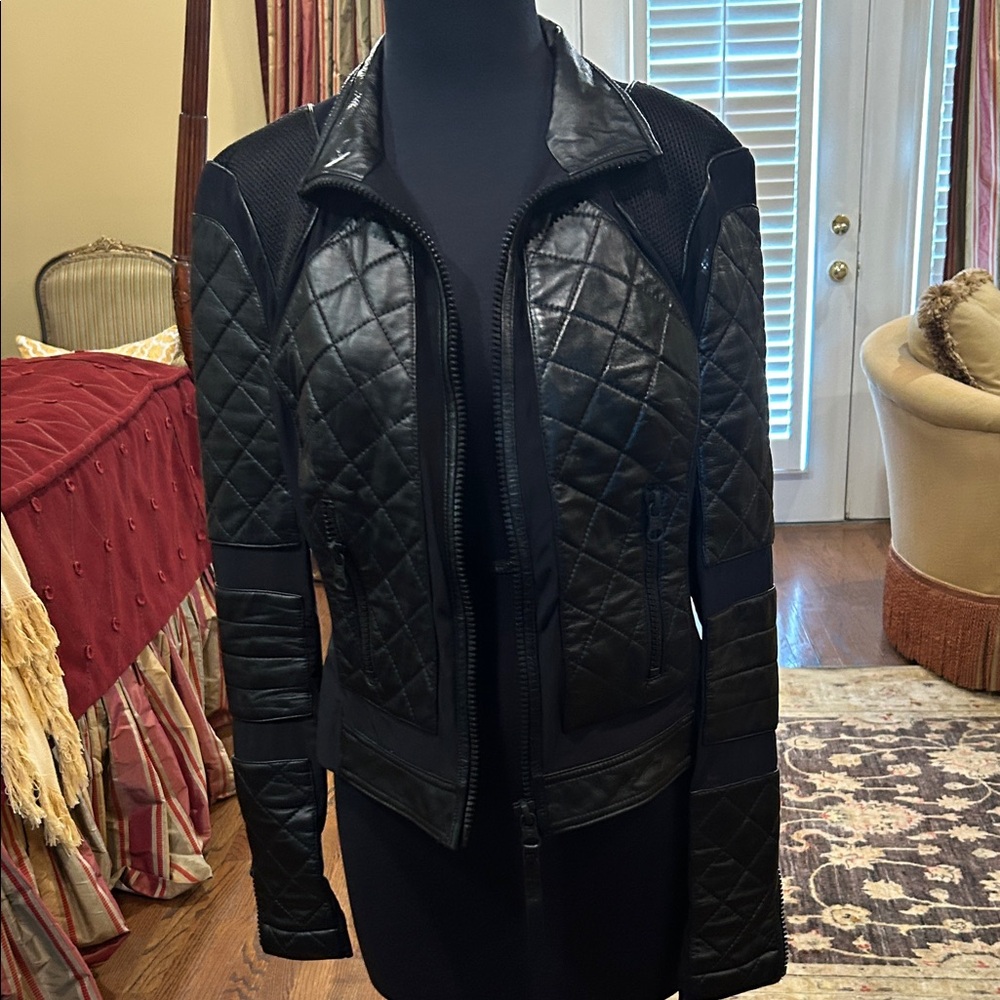 blanc noir Black Quilted Leather Moto Jacket mesh large